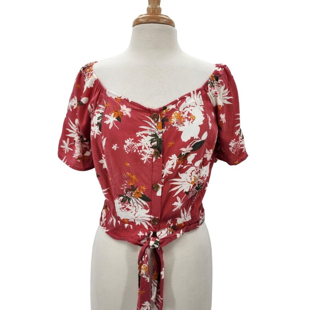 Aeropostale Red Floral Tie Front Crop Top XL Off Shoulder Button Blouse Boho
